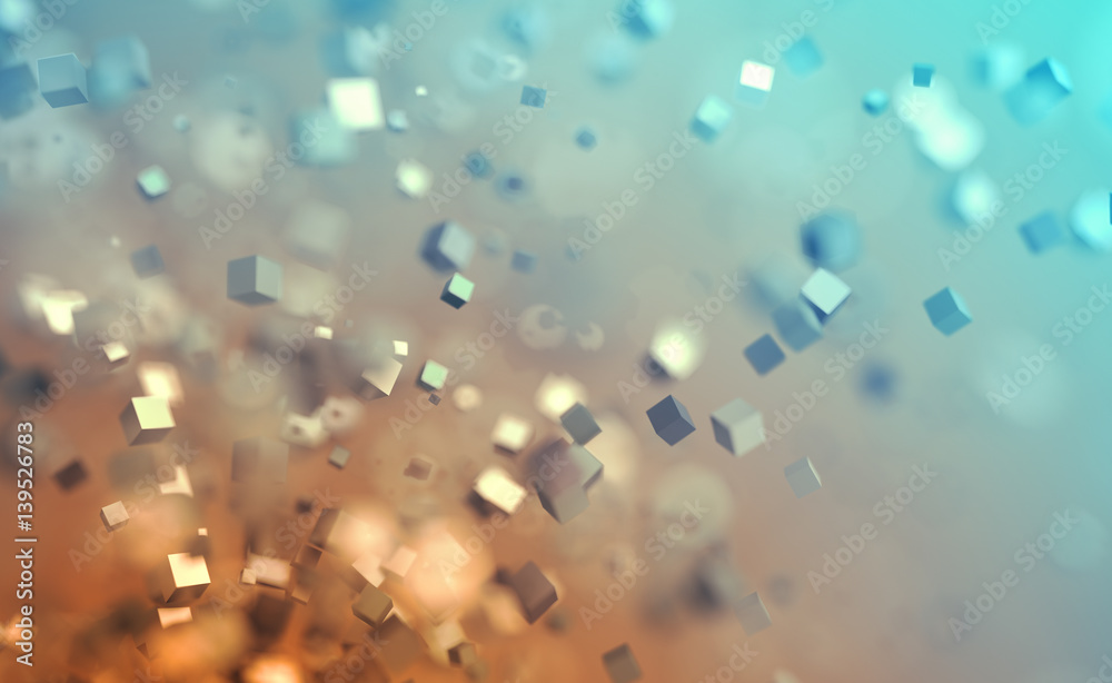 Poster abstract 3d rendering of chaotic cubes. flying shapes in empty space. dynamic background with bokeh,