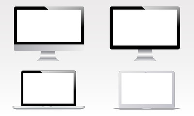 Blank computer monitor screen, laptop mockups isolated on white background. Set of electronic devices computers. Vector illustration