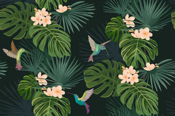 Fototapeta premium Exotic tropical flowers and leaves. Hummingbirds. Colibri. Seamless pattern. Vector background. Frangipani.