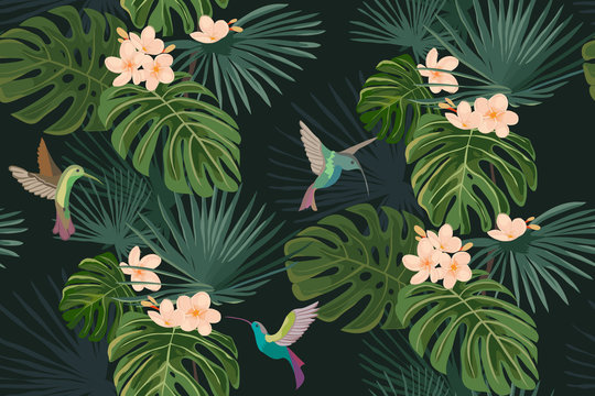 Exotic tropical flowers and leaves. Hummingbirds. Colibri. Seamless pattern. Vector background. Frangipani.