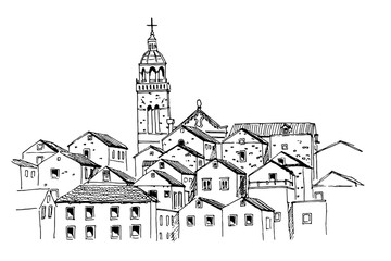 Vector sketch of architecture of Korcula, Croatia.