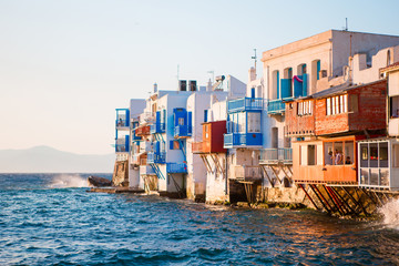 Little Venice the most popular attraction in Mykonos Island Greece, Cyclades - obrazy, fototapety, plakaty