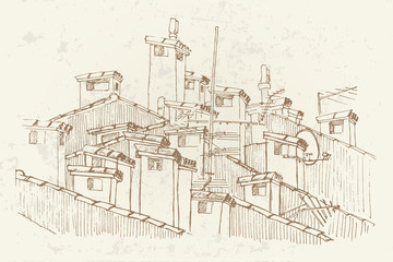 Naklejka premium Vector sketch of roofs and chimneys. Retro style.