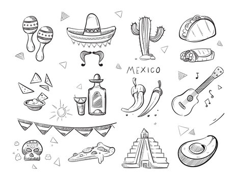 Doodle Mexican Food, Tequila, Red Hot Chili Peppers, Sombrero, Guitar, Tacos Hand Drawn Vector Icons