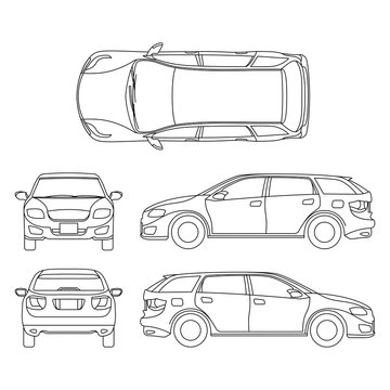 Line drawing of car white vehicle, vector computer art