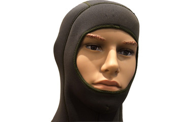 a mannequin in a diving suit on white background