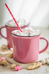a delicious Cup of cocoa with marshmallows and straws