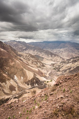 Peruvian Andes canyon and roads passing through it. Moquegua Region, Peru. South America.