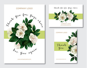 A set of cards with the words of gratitude. Design template card for the hotel, beauty salon, spa, restaurant, club& Vector illustration of a spring bouquet of magnolia flowers.