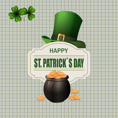 Green hat. Two leaf clover. Pot with coins. Happy St. Patrick's inscription. Against the background of the cell. illustration