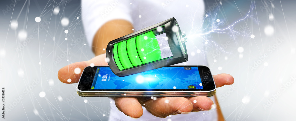 Aufkleber man holding 3d render battery with lightning over his phone