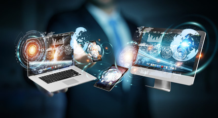 Businessman connecting tech devices to each other 3D rendering