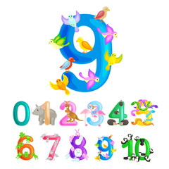ordinal numbers 9 for teaching children counting nine birdies with the ability to calculate amount animals abc alphabet kindergarten books or elementary school posters collection vector illustration