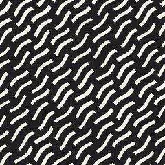 Hand Drawn Scattered Wavy Lines Monochrome Texture. Vector Seamless Black and White Pattern