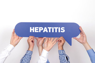 Group of people holding the HEPATITIS written speech bubble