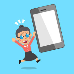 Cartoon senior woman and big smartphone
