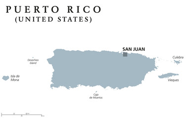 Fototapeta premium Puerto Rico political map with capital San Juan. Commonwealth and country, also called Porto Rico. Unincorporated territory of the United States. Gray illustration over white. English labeling. Vector