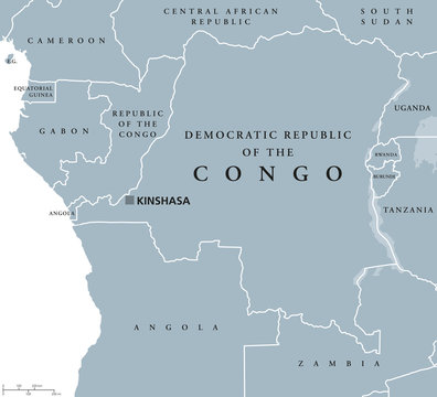 Democratic Republic of the Congo political map with capital Kinshasa. Also DR Congo, DRC, DROC or East Congo. Country in Central Africa. Gray illustration on white background. English labeling. Vector