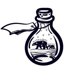 Illustration with a beautiful jar and northern bear, moon and stars, Mount. Vector illustration. Perfect for tattoo illustration, coloring book, print for t-shirts or bags.