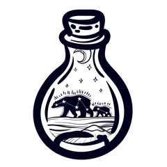 Illustration with a beautiful jar and northern bear, moon and stars, Mount. Vector illustration. Perfect for tattoo illustration, coloring book, print for t-shirts or bags.