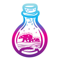Illustration with a beautiful jar and northern bear, moon and stars, Mount. Vector illustration. Perfect for tattoo illustration, coloring book, print for t-shirts or bags.