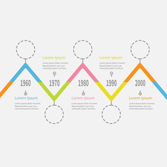 Five step Timeline Infographic. Colorful triangle corner segment. Dash line round circle. Template. Flat design. White background. Isolated.