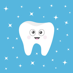 Healthy tooth icon with smiling face and big eyes. Cute cartoon character. Oral dental hygiene. Children teeth care. Shining staers effect. Blue background. Flat design.