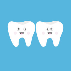 Tooth icon set. Cute funny cartoon smiling character with big eyes Friends looking on each other. Oral dental hygiene. Children teeth care. Tooth health. Baby background. Flat design.