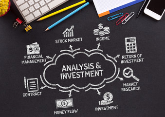 Analysis and Investment Chart with keywords and icons on blackboard