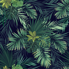 Seamless hand drawn botanical exotic vector pattern with green palm leaves on dark background.