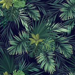 Tapeten Palmen Nahtloses handgezeichnetes botanisches exotisches Vektormuster mit grünen Palmblättern auf dunklem Hintergrund.