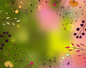 Fototapeta premium Spring background with hand drawn flowers and branches on blurred green and rose backdrop. Nature vector frame.
