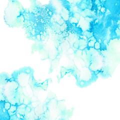 Blue and green watery frame .Abstract watercolor hand drawn illustration. Azure splash.White background.