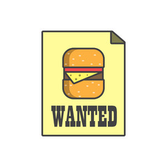 hamburger, fast food, search, Wanted, search, cheese, cutlet,cheeseburger on paper, poster,announcement, vector image, flat design, outline style