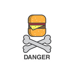 fast food,harm,cutlet, bone, health, carefully, attention, hamburger, vector image,healthy food, flat design,outline style