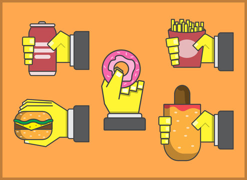 French fries, cheeseburger, hamburger, soda in tin, hot dog, a donut, fast food hand, to hold, a palm, fingers,sleeve,vector image, flat design, outline style