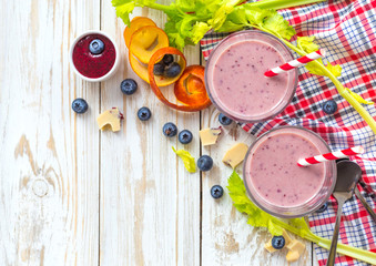 Blueberry and blood orange smoothie with celery and chocolate