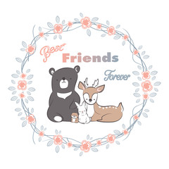 doodle set of best friends forever, cute deer, bear, rabbit and beaver in floral frames hand drawing vector illustration for kid  t-shirt print, greeting and invitation card