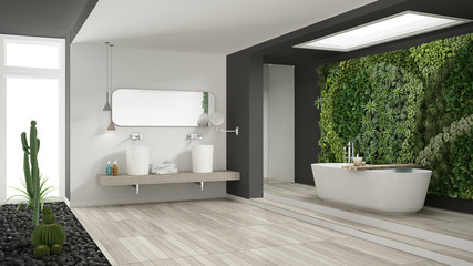 Minimalist white and gray bathroom with vertical and succulent garden, wooden floor and pebbles, hotel, spa, modern interior design