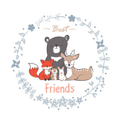 doodle set of best friends cute fox, rabbit, deer, bear, beaver and squirrel in floral frames hand drawing vector illustration for kid  t-shirt print, greeting and invitation card