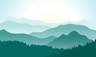 Mountains landscape with beautiful summer sunrise. Vector illustration.