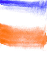 Card with orange and blue blots. Watercolor painting for design. Abstract bright textured backdrop. Postcard, banner, logo, invitation. Hand paint isolated on white background. Vector illustration.