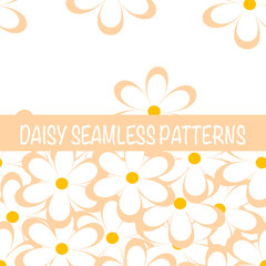 Set of seamless naive minimalistic patterns with little flowers. Floral print. Field of cream beige camomiles on white background. For wrapping, fabric and other design. Vector illustration.