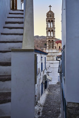 Greece, Hydra island, picturesque alley and church
