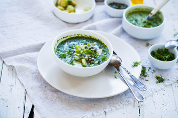 Green soup creamy. Clean eating, detox and healthy food concept.