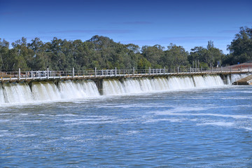 Aerial view of Mildura Weir. Location: River Murray, Mildura, Victoria. Murray River Locks.
