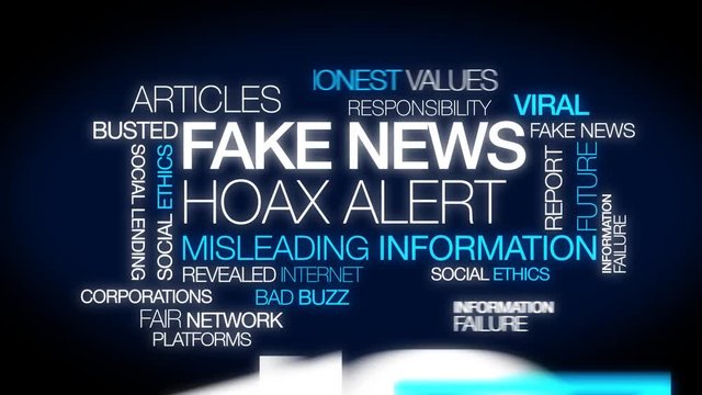 Fake news hoax alert misleading information fact checking reputation articles viral bad buzz internet communication marketing social networks report failure words tag cloud blue text video
