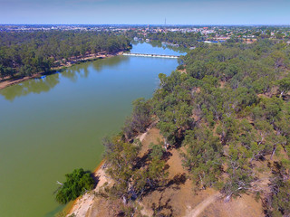 Aerial view of Mildura Weir. Location: River Murray, Mildura, Victoria. Murray River Locks.
