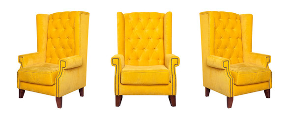 Textile classic yellow chair isolated on white background. View from different sides - front and two side views