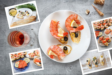 Snapshots of various sandwiches with seafood arranged on rustic wooden background with plates with food and seashells